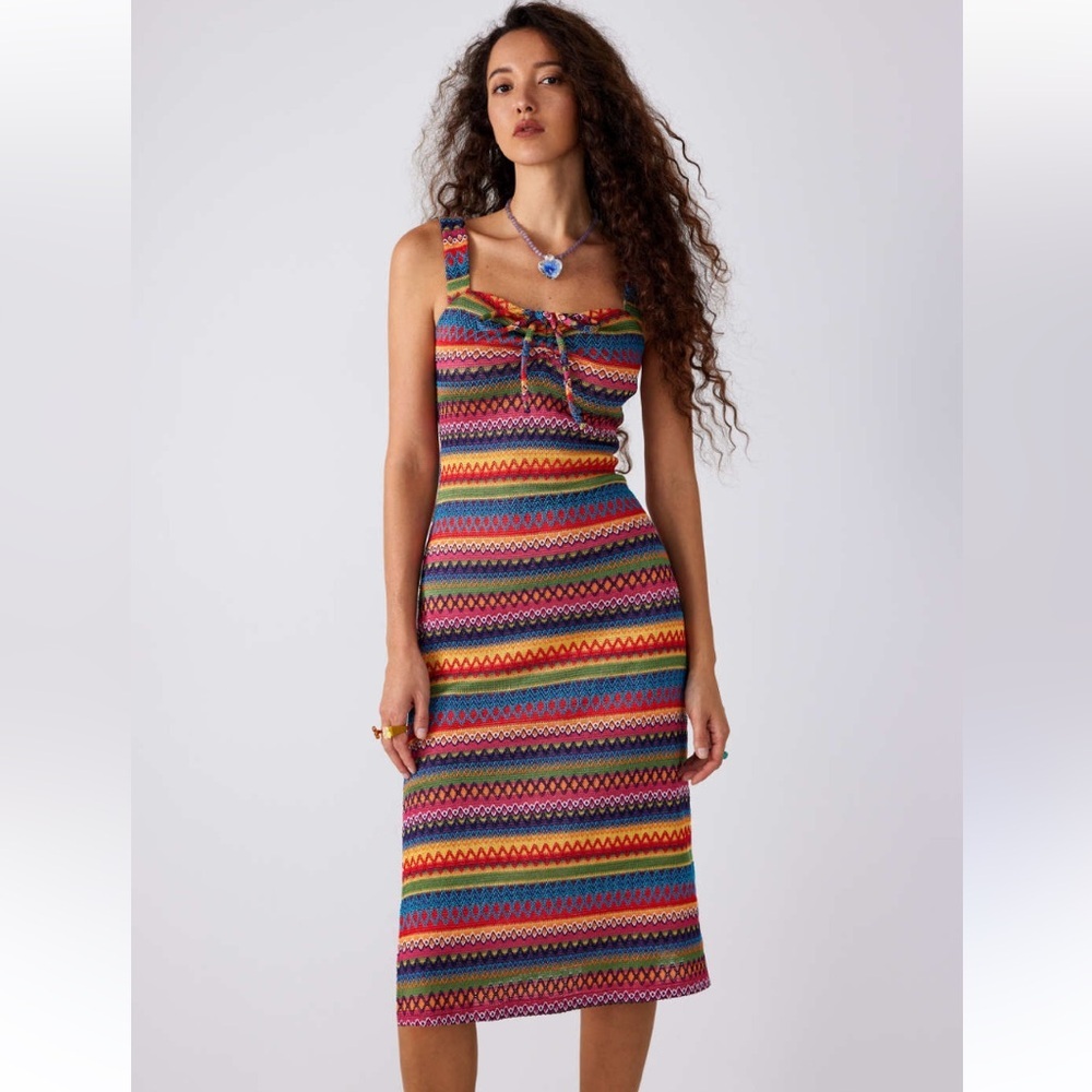 Cider Colourful Striped Beachy Boho V-Neck Front Tie Slit Maxi Dress Size XL